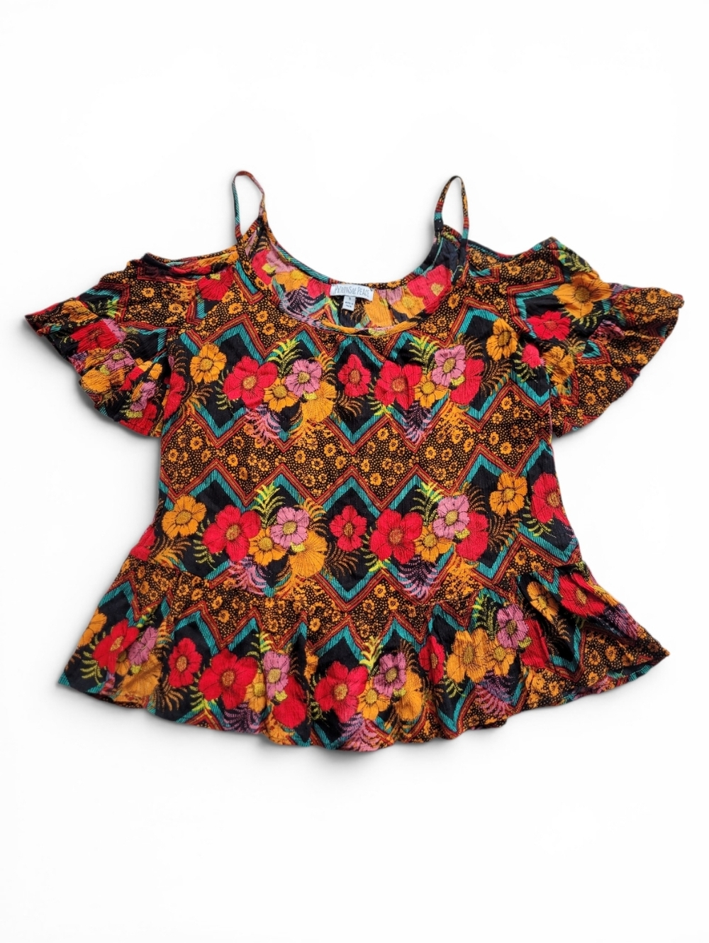 Patrons of Peace Boho Tropical Floral Cold Shoulder Ruffle Top size small